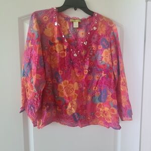 Sigrid Olsen Pink and Orange Floral Sequin V-Neck Blouse